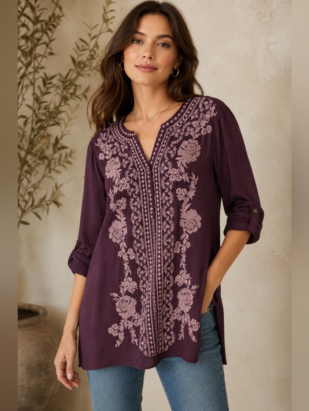 ❤ ANDREE BY UNIT EMBROIDERED TUNIC TOP, MEDIUM